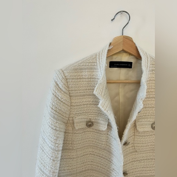 Zara White Wool Tweed Knit Shimmer Button Down Military Blazer Jacket - Picture 3 of 6